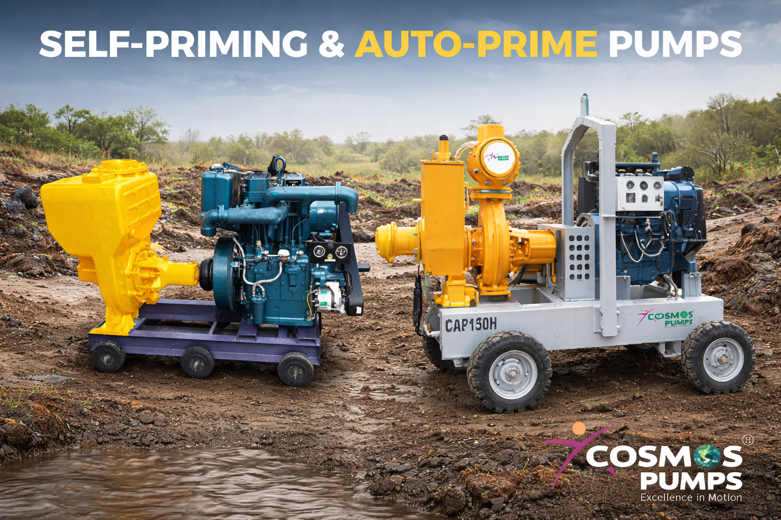 Cosmos CSP self-priming pump and CAP auto-prime pump on a construction site