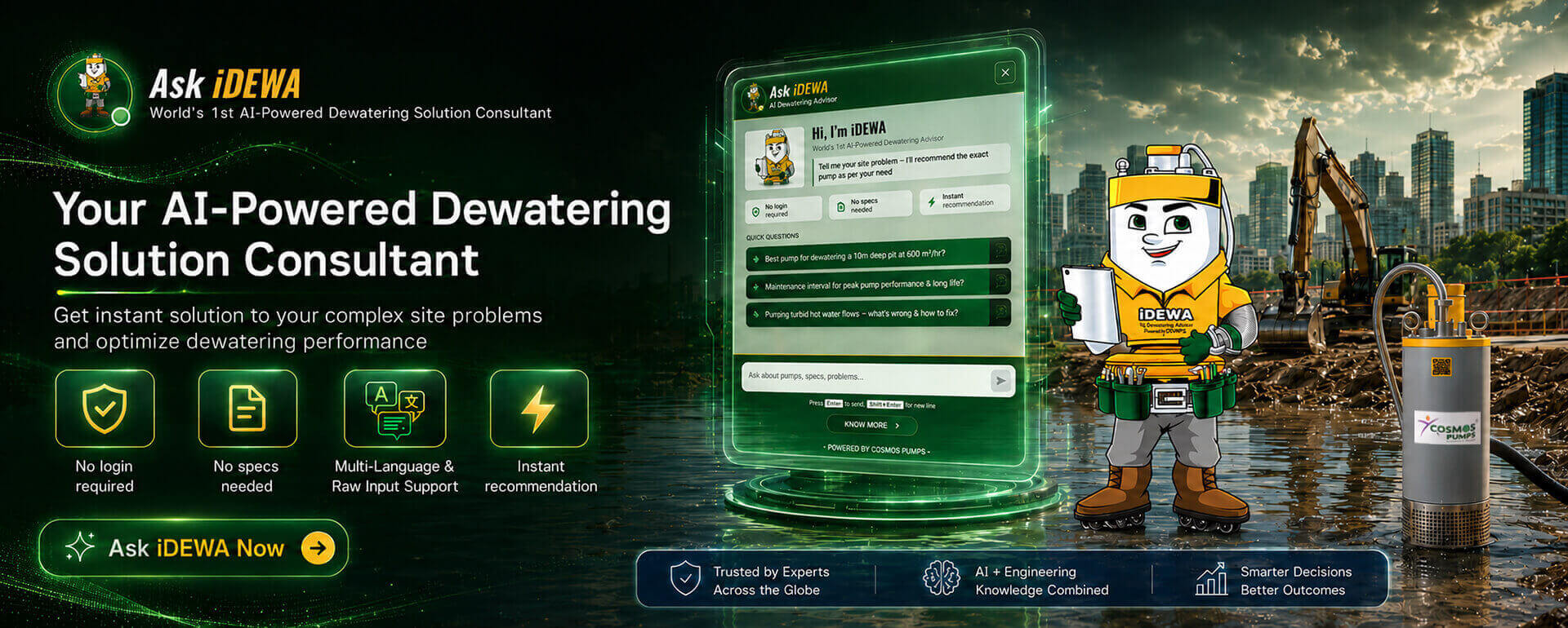 Ask iDEWA - AI-powered dewatering solution consultant by Cosmos Pumps